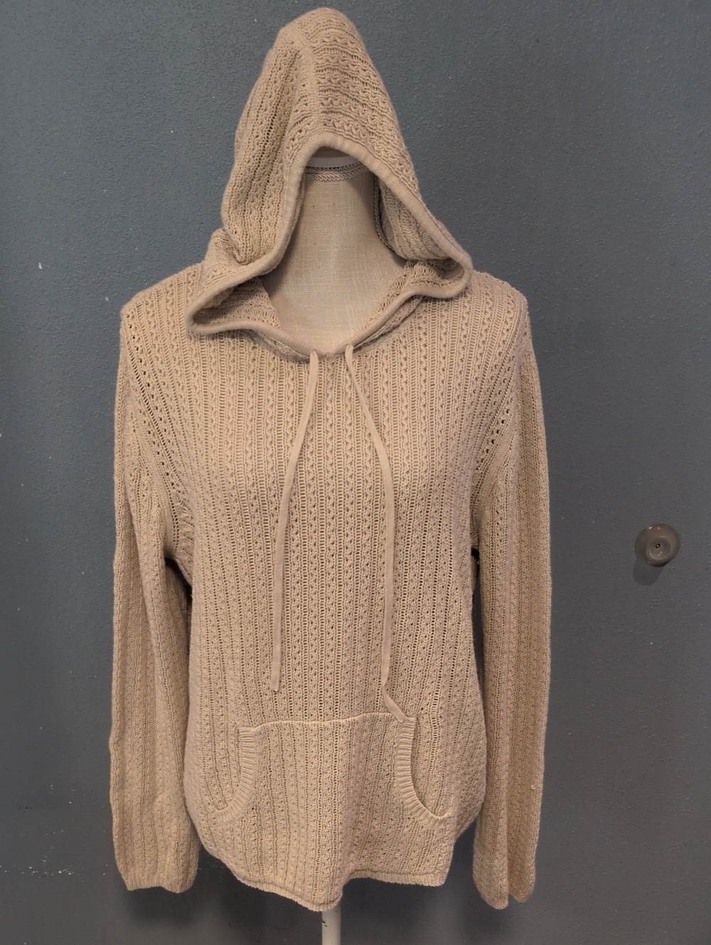 Christopher&Banks Open Knit Slouchy Linen Cotton Blend Hooded Sweater Coastal